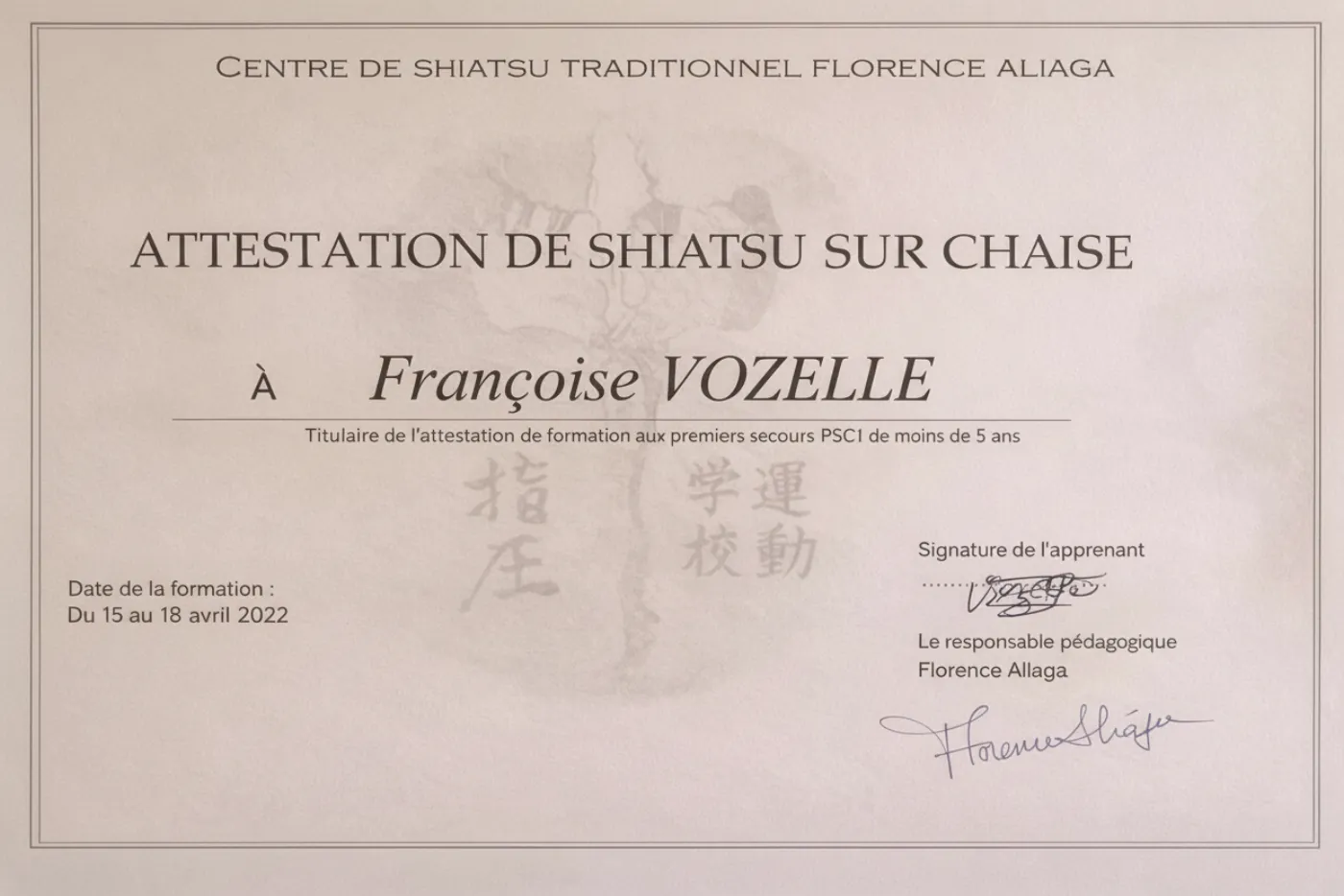 Attestation de Shiatsu sur chaise – Centre Florence Aliaga