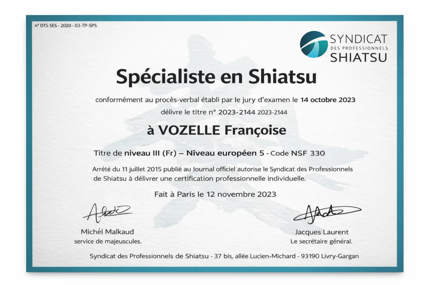 Titre de Spécialiste en Shiatsu – SPS, titre n° 2023-2144